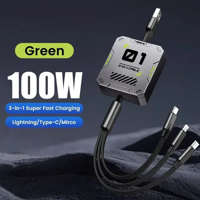 3-in-1 Ladekabel | Schnellladung 100W | Ausziehbar & Universell | FlexiCharge für iPhone, Android & USB-C