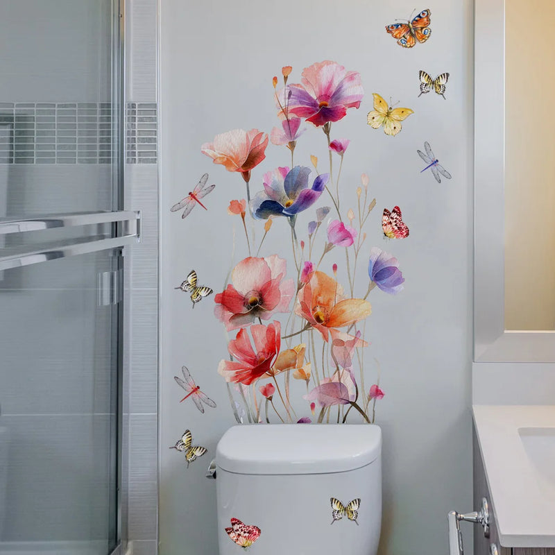 Lunaflora Wandsticker | Aquarell-Blumen & Schmetterlinge | Abnehmbar & Wasserdicht | PVC 42×50 cm