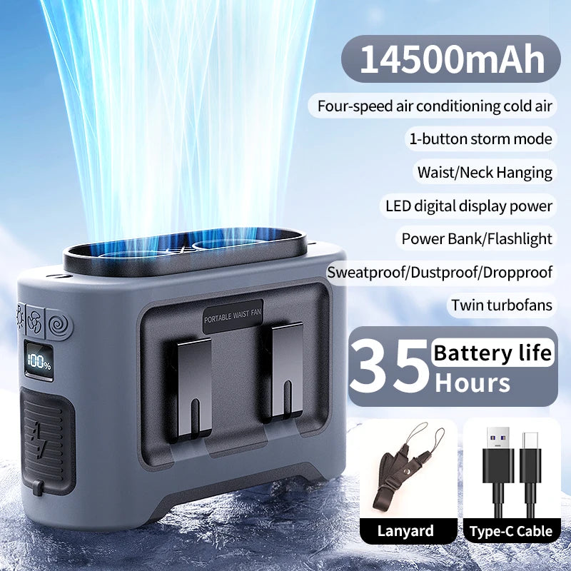 VENTREO StormClip Tragbarer Outdoor-Gürtelventilator 2025 | 5-Stufen Turbo-Wind | 360° Drehclip | Powerbank & LED-Licht