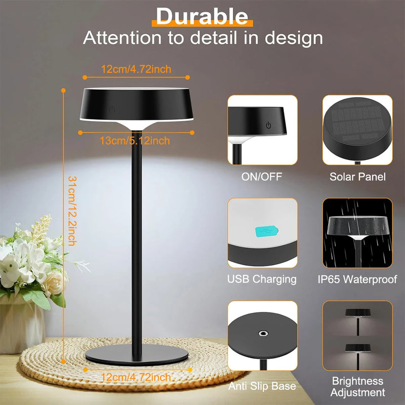 Solvella Solar Tischlampe LED | Dimmbar & Kabellos | 3 Lichtfarben | IP65 Wasserdicht für Innen & Außen