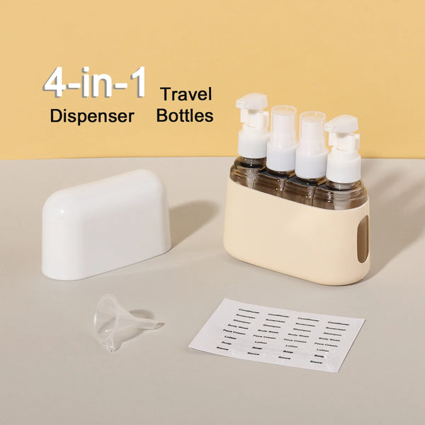 TravelEase 4-in-1 Reiseflaschen Set | Nachfüllbare 50 ml Spender & Sprühflaschen | Auslaufsicher & TSA-konform | Für Shampoo, Lotion, Desinfektion