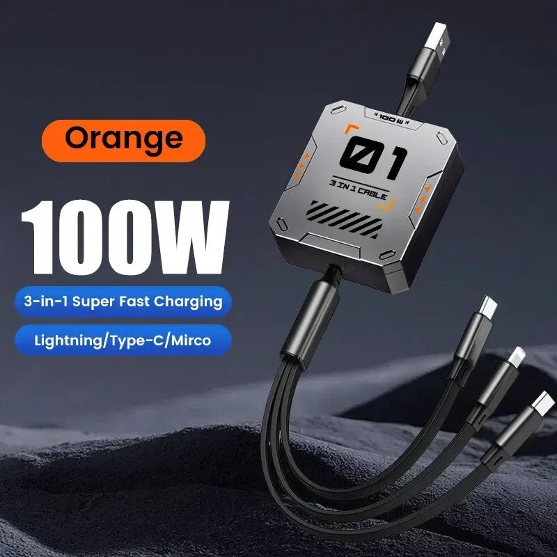 3-in-1 Ladekabel | Schnellladung 100W | Ausziehbar & Universell | FlexiCharge für iPhone, Android & USB-C