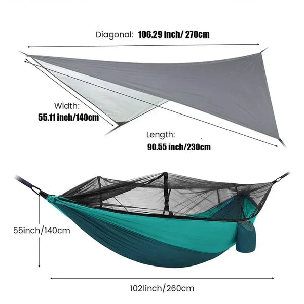 Skyrelax Doppel-Hängematte 260×140 cm mit Moskitonetz & Regendach | Ultraleicht & Tragbar | Für Camping, Wandern & Reisen