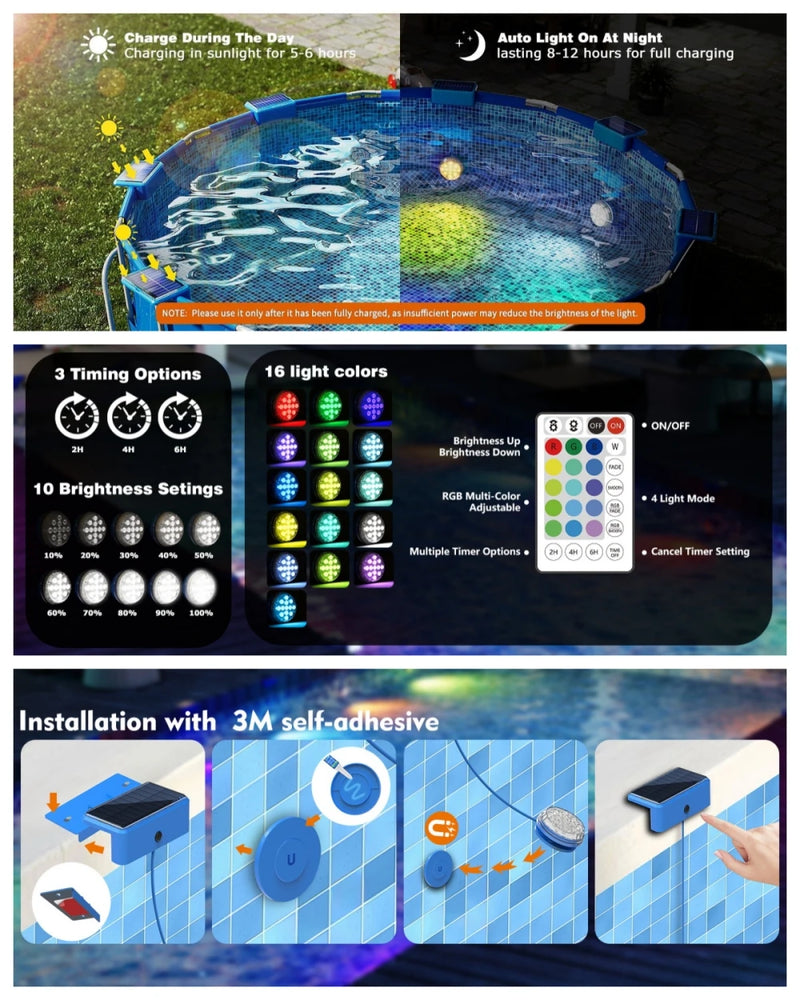 Solar-Poollicht AquaGlow Remote | IP68 Unterwasser-LED mit Fernbedienung | 16 Farben & Timerfunktion | Für Aufstell- & Einbaupools