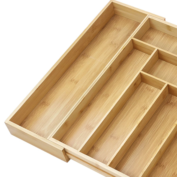 Bambusio Besteckkasten aus Bambus | Ausziehbar 32–52 cm | 6–8 Fächer | Nachhaltiger Schubladeneinsatz für Küche, Bad & Büro
