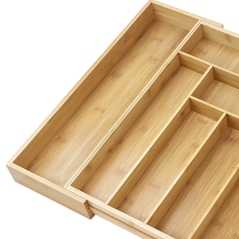 Bambusio Besteckkasten aus Bambus | Ausziehbar 32–52 cm | 6–8 Fächer | Nachhaltiger Schubladeneinsatz für Küche, Bad & Büro