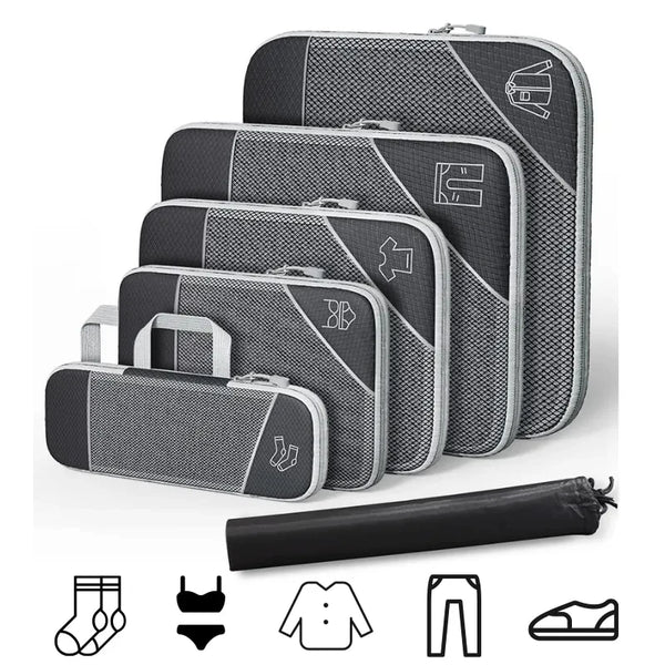 PackEase Reise-Organizer Set | 6-teilig | Komprimierbare Koffer-Taschen | Wasserdicht & Platzsparend