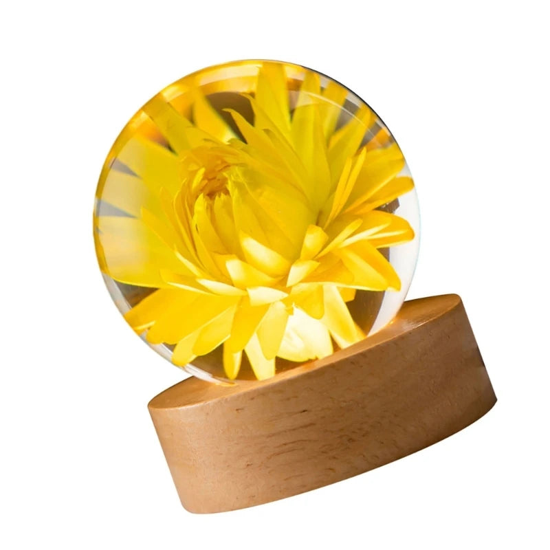 Kristallkugel Lampe | Mit Blumenmuster | Warmes Stimmungslicht & Deko | Resin & Holz | 6 cm