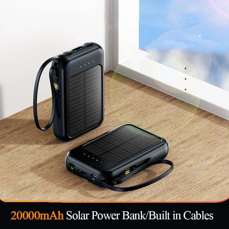 Solar-Powerbank Solivon Core 20K | 20.000 mAh | Mit integrierten Kabeln & LED-Taschenlampe | Für iPhone, Samsung, Xiaomi & mehr