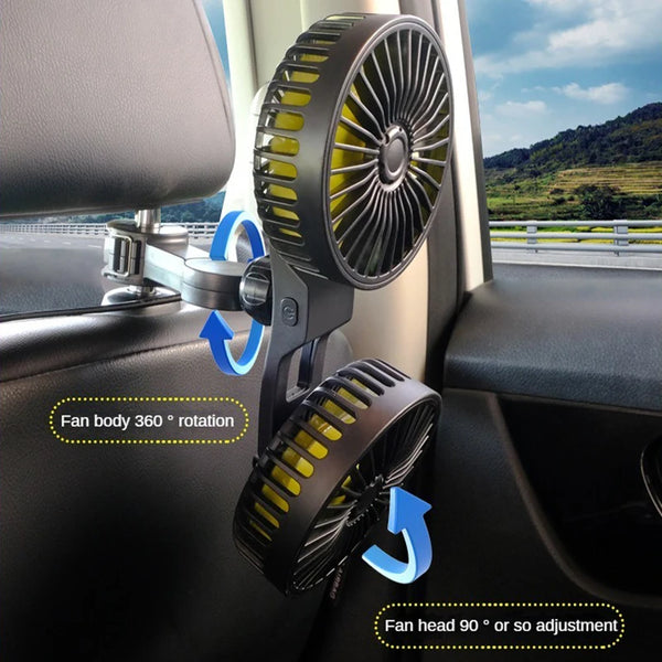 Auto-Kühlventilator AIRCURA DUO | 3 Geschwindigkeiten | USB-Ladung | 360° drehbar | Für Rücksitz & Kopfstütze