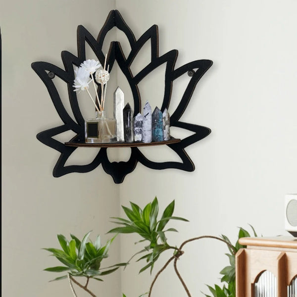 Holumina Boho-Eckregal aus Holz | Lotus-Design mit Hohlschnitt | Für Kristalle & Deko | Schwarz