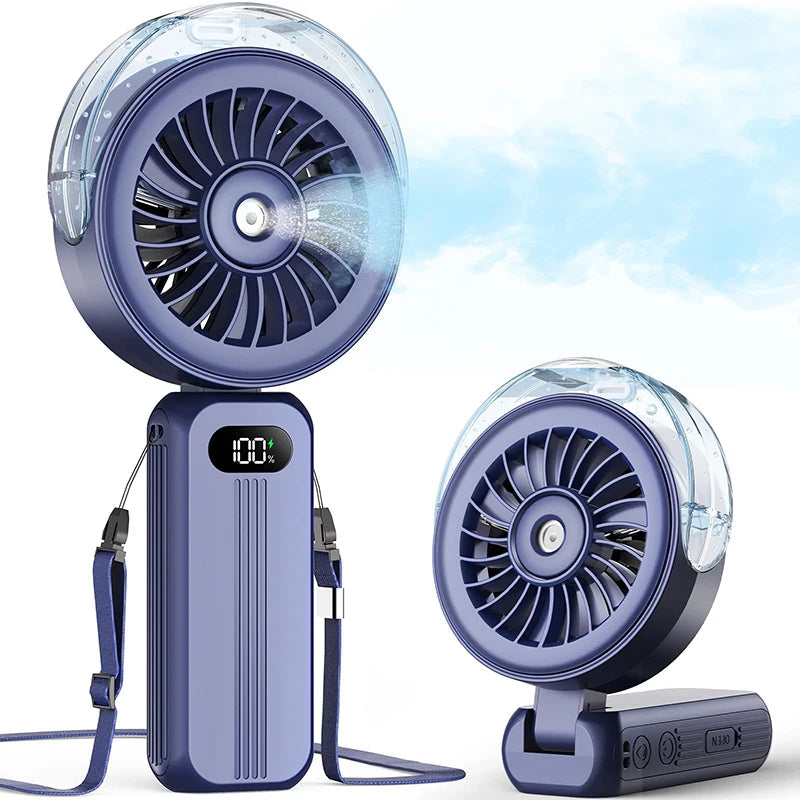 Mini-Ventilator Breezora Pro | Faltbar & Tragbar | Mit Sprühfunktion & USB-Aufladung | Für Hand, Tisch & Halsband