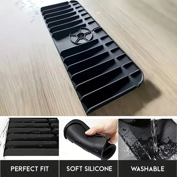 AquaGuard Pad Silikon-Wasserhahnmatte mit Abflussfunktion | Spülbecken-Spritzschutz & Ablage für Spülschwamm & Seife | 37 × 14 × 1,5 cm