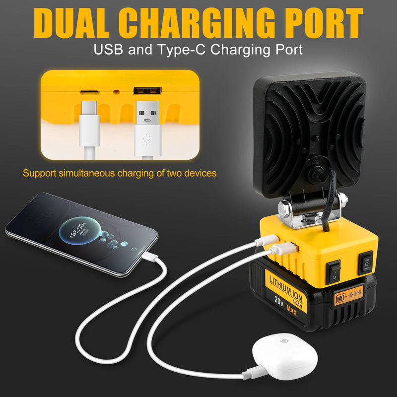 PowerLuma 48 LED Arbeitsleuchte | 48W Akku-Baustrahler | 5200 Lumen | USB-C Ladeanschluss | Für DeWalt-Akkus (ohne Akku)