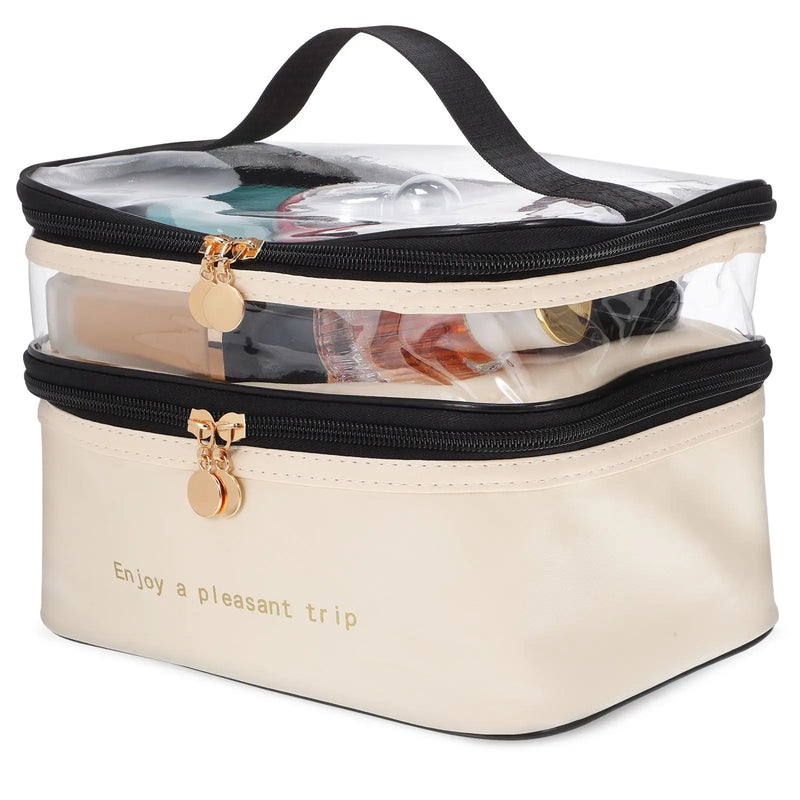 Beautiva TravelCase Kosmetiktasche mit Doppelkammer | 23 × 17 × 16 cm | Wasserabweisend & Transparent | Für Reisen & Beauty-Essentials