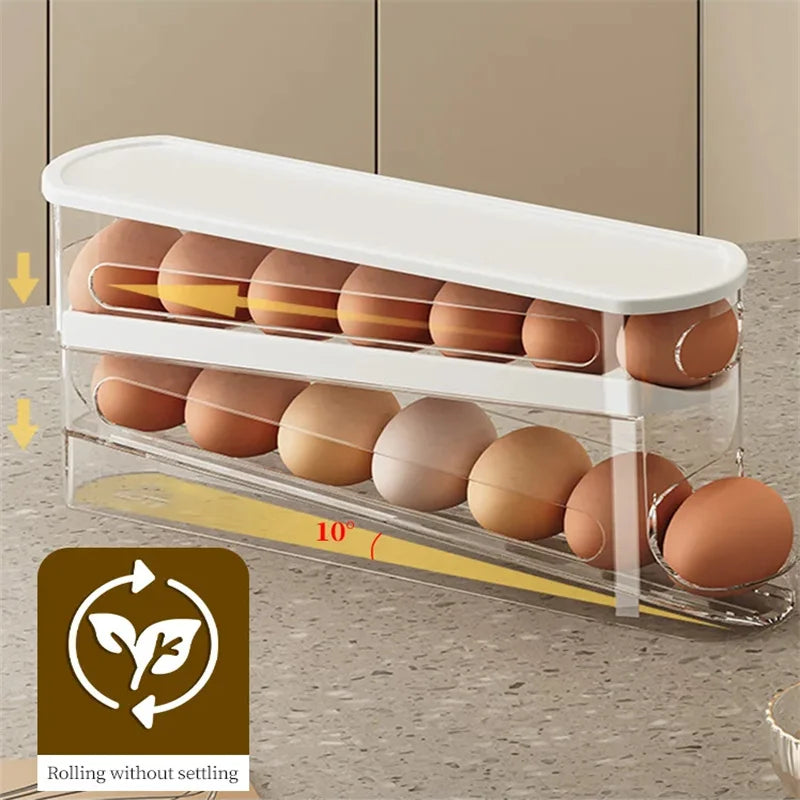 Eierhalter ROLLEVO 2-stufig | Automatische Rollfunktion | Platzsparend für 14 Eier | Für Kühlschrank & Vorratsschrank | 31 x 9,5 x 10 cm