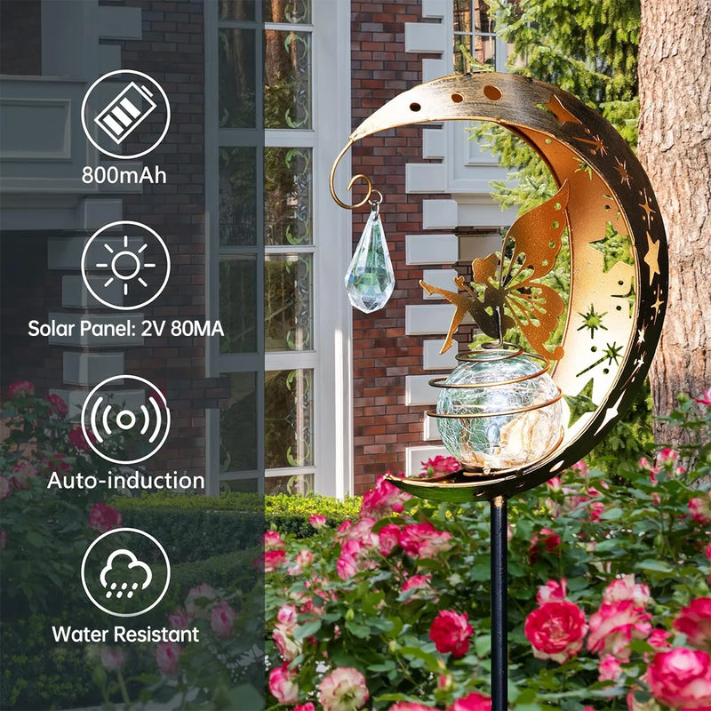 Lunafeya Solar Gartenlicht mit Mond & Fee | Rissglas-Kugel | IP55 Wasserdicht | Romantische Deko für Weg & Beet