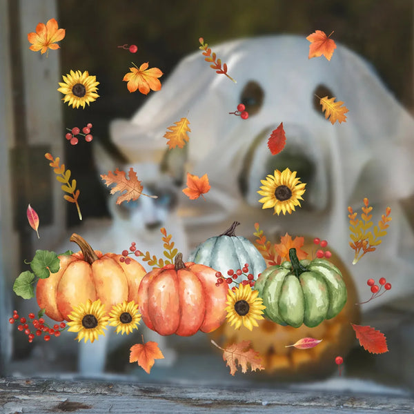 Herbst-Fenstersticker LeafyCharm | Kürbis- & Blätter-Motive | Wiederverwendbare Deko | Für Zuhause & Büro