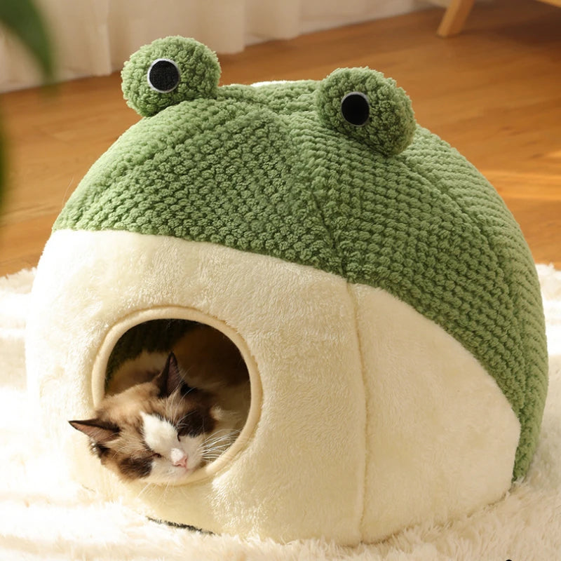 Haustierhöhle FroggiHome | Kuscheliges Frosch-Design | Halbgeschlossen & Rund | 40–50 cm | Für Katzen & kleine Hunde