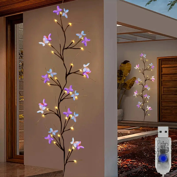 Lichterranke FairyWillow | 30 LED Zauberweide mit Schmetterlingen | USB & 8 Modi | Wasserdicht für Innen & Außen