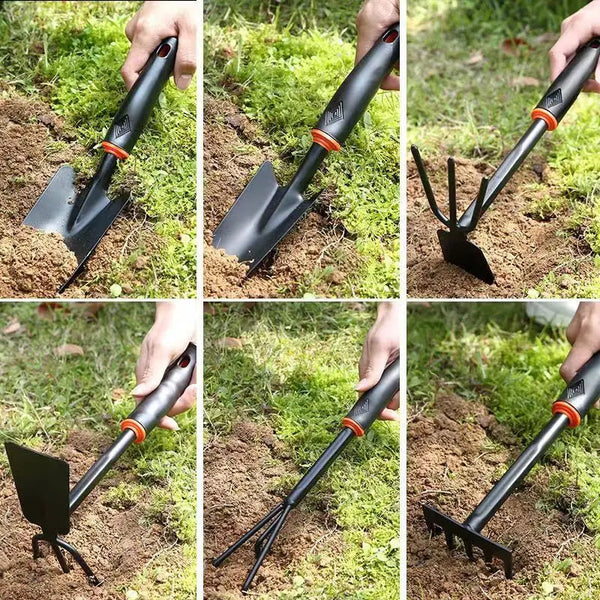 TerraGrip Gartengerät 2-in-1 Hacke & Rechen | Robustes Kombi-Werkzeug mit 5 Zinken | Aus Karbonstahl | Für Beetpflege & Unkrautentfernung