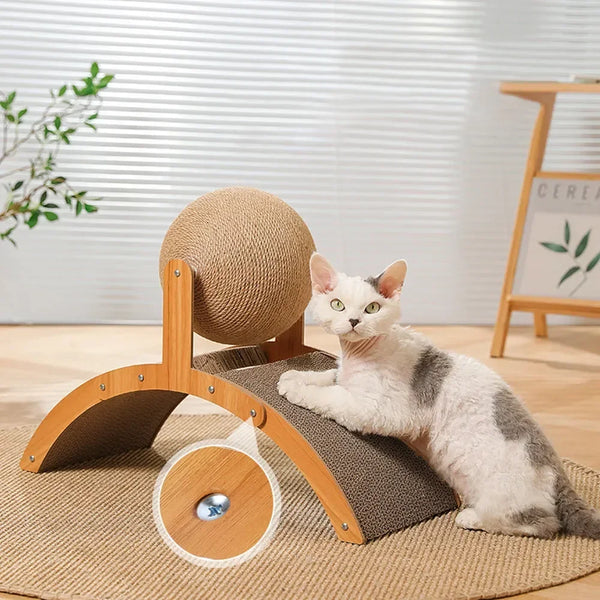 Kratzo Katzenspielzeug | 2-in-1 Kratzball & Kratzbrett | Massivholz & Sisal | Möbel-Schutz