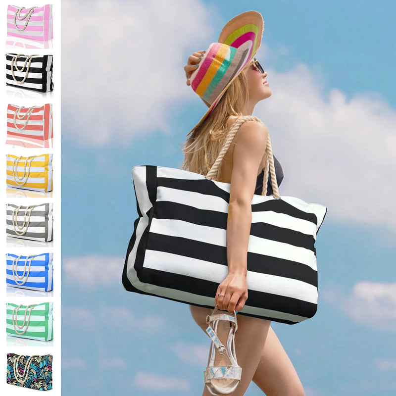 Marivalis Gestreifte Strandtasche mit Reißverschluss | Faltbar & Wasserdicht | Sandresistentes Canvas | Für Reise & Urlaub