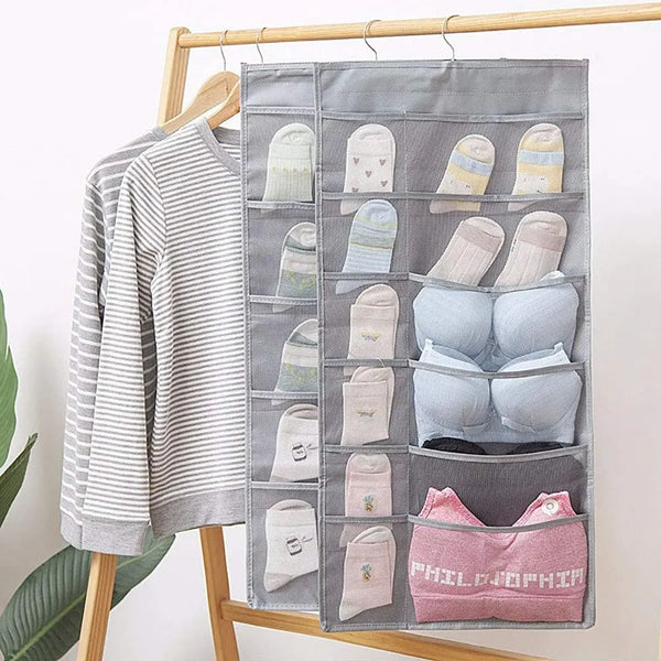 ClosetEase Unterwäsche-Organizer Hängend | Beidseitig & Faltbar | 39×78 cm | Oxford-Stoff Grau