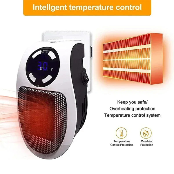 ThermoEase 350W Kompakt-Heizgerät | Wandsteckdosen-Heizung mit Fernbedienung | LED-Display & Timer | 180° Drehstecker