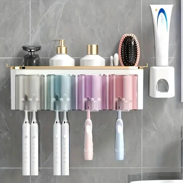Zahnbürstenhalter Dentavio WallSet | Mit Becherhalter & Zahnpastaspender | Wandmontage | Für 2–4 Personen