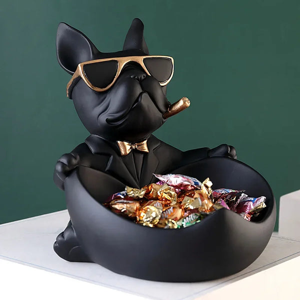 Deko-Aufbewahrungsbox DoggyKeeper | Harzfigur Hund | Schwarze Schale für Schlüssel, Handy & Süßigkeiten