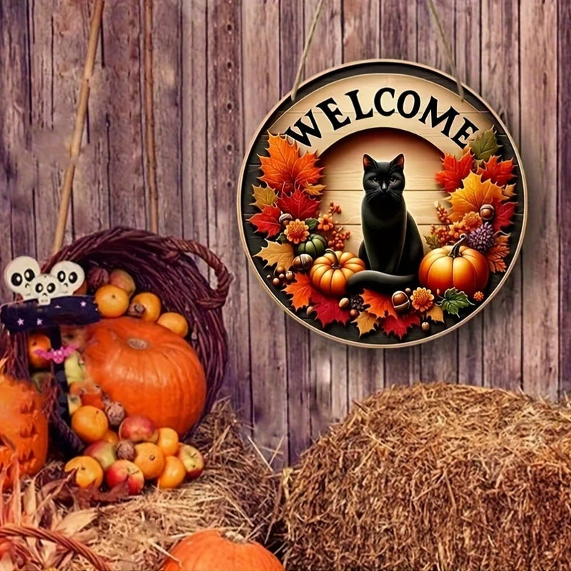 Autumna Herbst Willkommensschild | Rund 20 cm | Schwarze Katze & Kürbis | Tür- & Eingang Deko