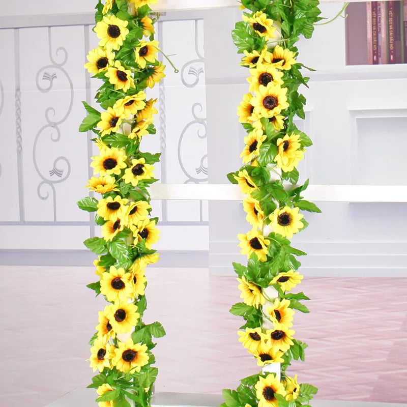 Floraviva SunVine Sonnenblumen-Girlande Künstlich | 2,6 m Länge | 12 Blüten Ø 8 cm | Für Hochzeit, Balkon & DIY-Deko