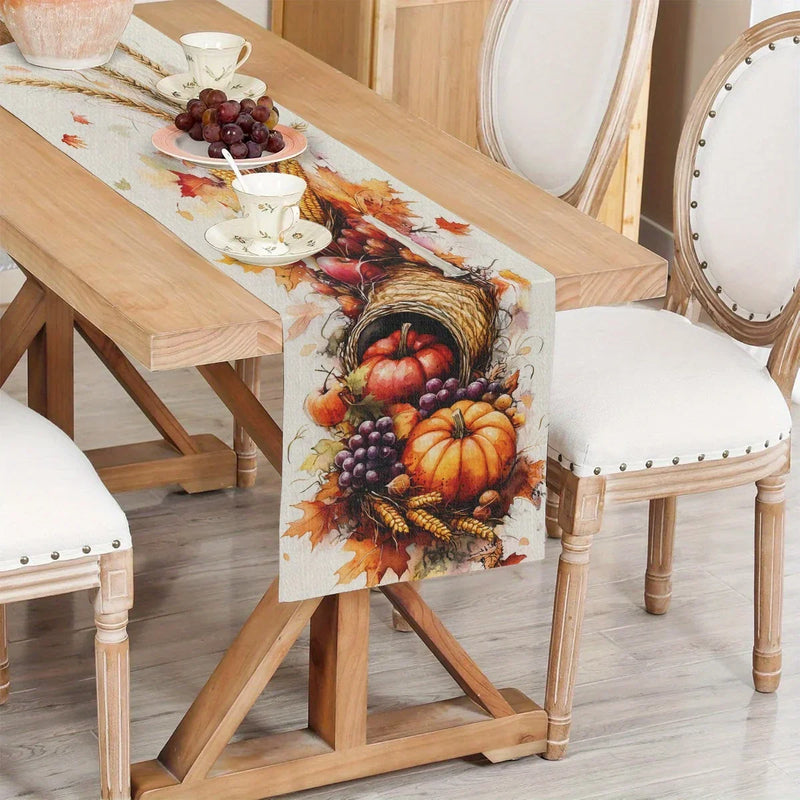Herbst-Tischläufer HarvestCharm | Aquarell Kürbis & Früchte | Leinenoptik | Waschbar & Farbfest