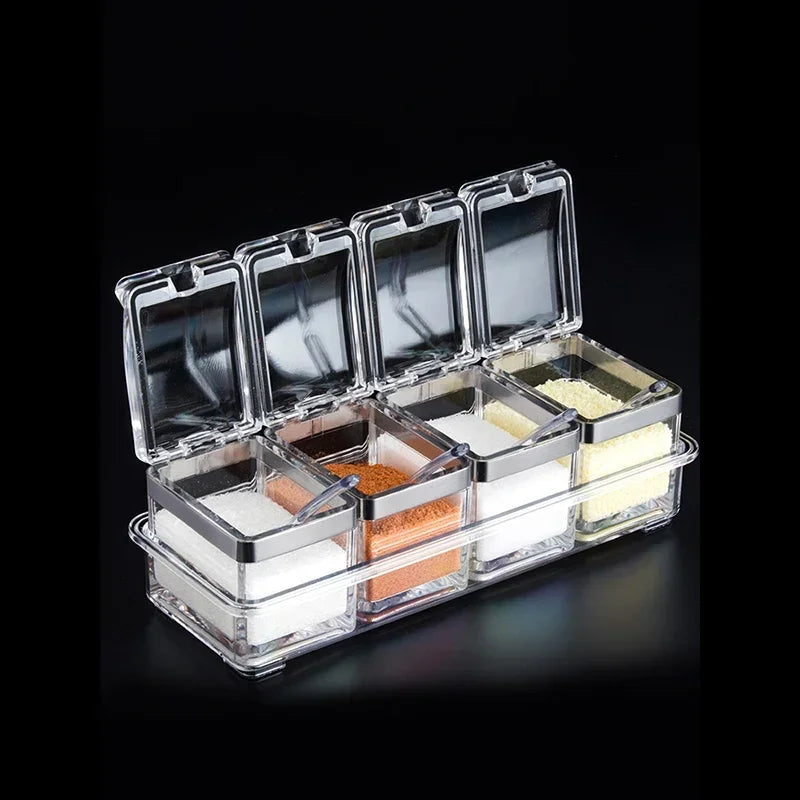 Gewürzbox ClearSpice Quadra | 4 Fächer mit Deckel & Löffeln | Transparent | 23,5 × 9,5 × 8,5 cm | Für Salz, Zucker & Gewürze