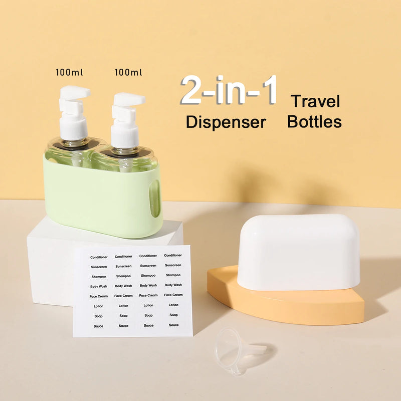 FlexiFill Reiseflaschen Set 2-in-1 | 100 ml Kombiflasche mit Trichter & Etiketten | Für Shampoo, Duschgel, Lotion | Auslaufsicher & TSA-konform