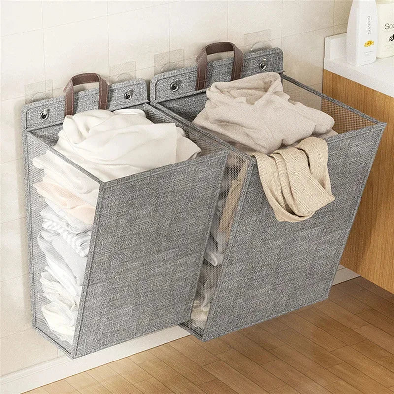 FlexFold Wäschekorb | Faltbar & Selbstklebend | Ohne Bohren | Großer Wand-Wäschebeutel aus Leinen | Grau oder Beige