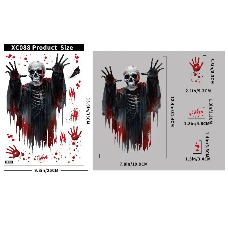 Fensteraufkleber HorrorPumpkins | Halloween Sticker Set | Kürbis, Schädel, Blut-Handabdrücke & Fledermäuse | Wiederverwendbar