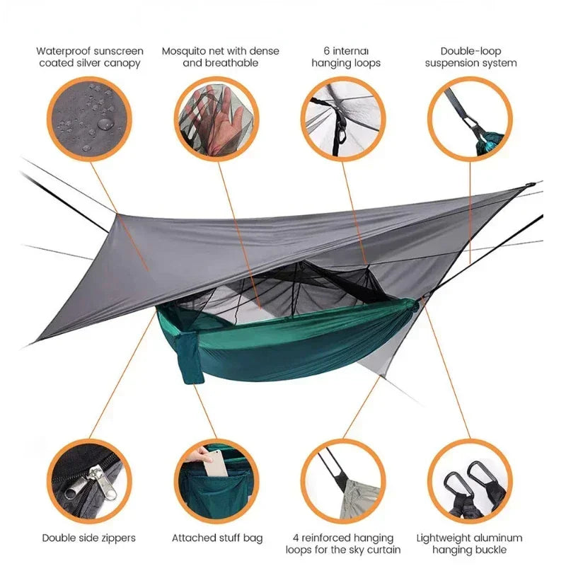 Skyrelax Doppel-Hängematte 260×140 cm mit Moskitonetz & Regendach | Ultraleicht & Tragbar | Für Camping, Wandern & Reisen