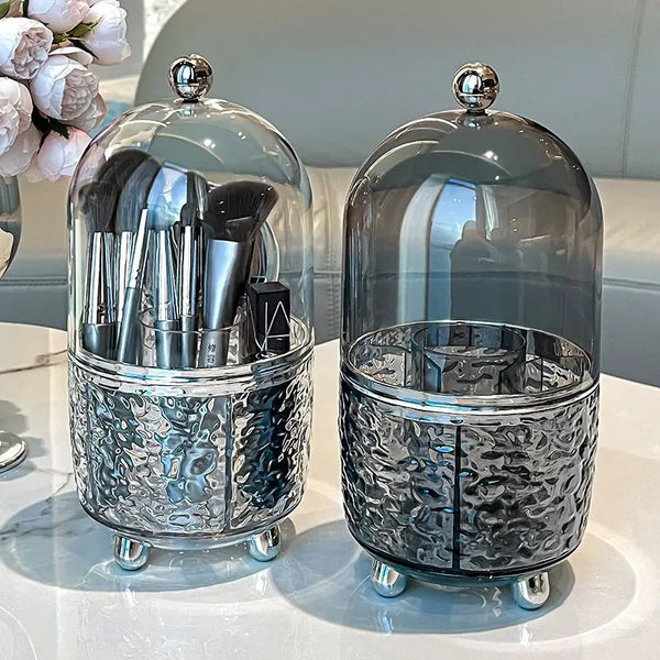 Lumora Make-up Pinsel Organizer mit Deckel | Staubdicht & Drehbar | Für Pinsel, Lippenstifte & Parfum | 360° Rotierend | Silber/Grau