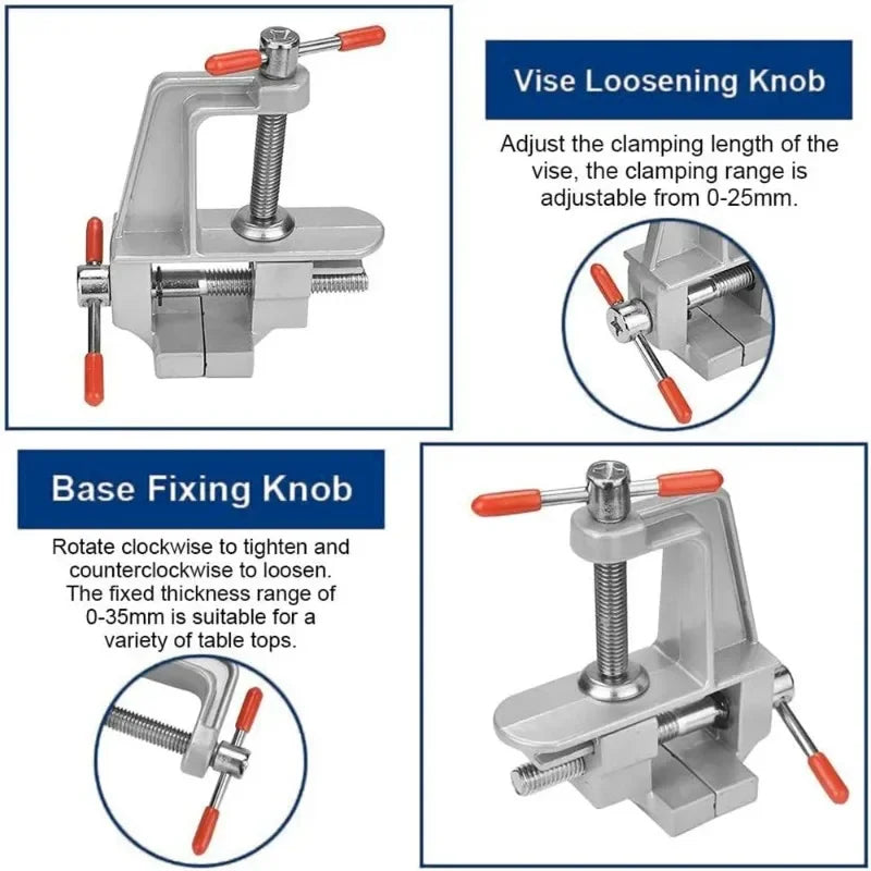 GripMaster Mini-Aluminium-Schraubstock | 360° drehbar & verstellbar | Kompakt & robust | Für DIY, Reparaturen & Modellbau | 7,2 × 8,2 cm