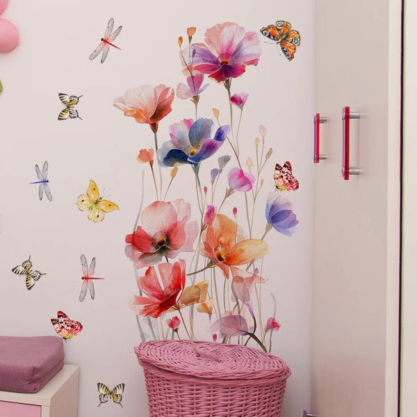 Lunaflora Wandsticker | Aquarell-Blumen & Schmetterlinge | Abnehmbar & Wasserdicht | PVC 42×50 cm