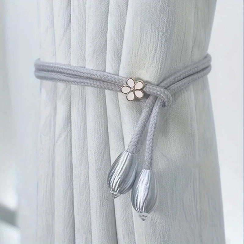 Floravia Vorhanghalter 2er-Set | Verstellbar ohne Bohren | Mit Blumen-Schnalle | Elegantes Wohnaccessoire