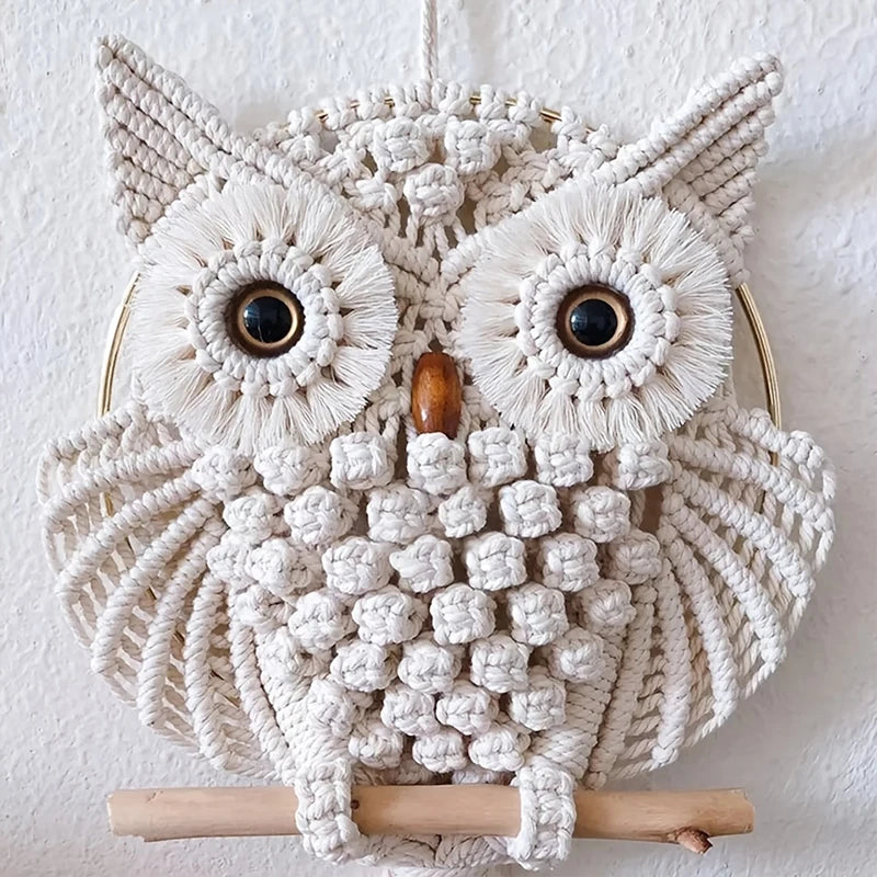 Makramee Eulen-Wandbehang WisdomOwl | Handgefertigt aus Baumwollseil | Boho Deko | 15×45 cm / 30×80 cm