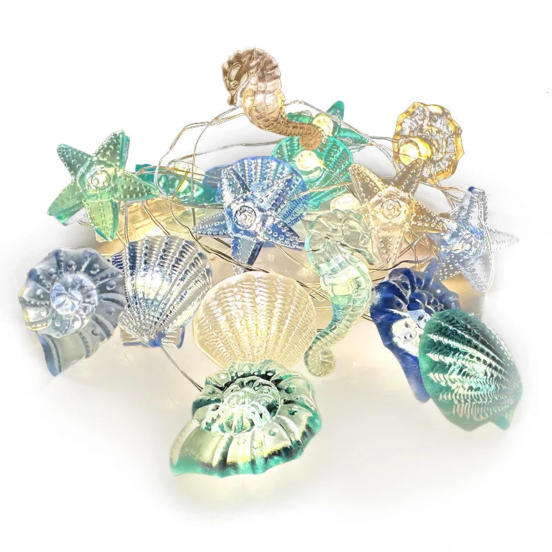 LED Lichterkette Meeresmotive | 2 m mit 20 LEDs | Seesterne, Muscheln & Meerestiere | Batteriebetriebene Dekoleuchte für Kinderzimmer, Geburtstag & Hochzeit | Mariluna