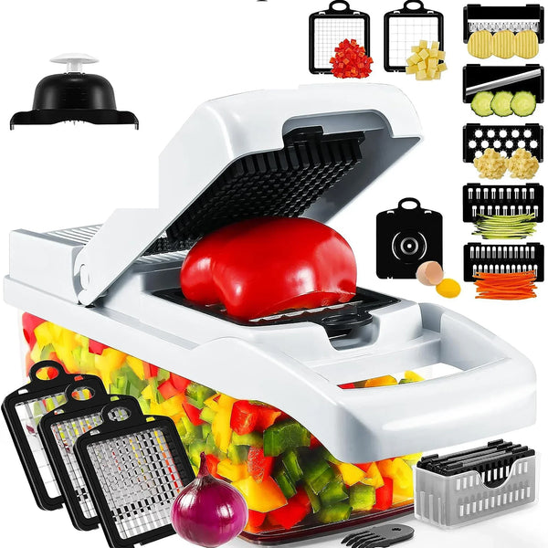 Gemüseschneider 12-in-1 KüchenMeister Pro | Multischneider mit 7 Klingen | Raspeln, Würfeln, Hobeln | BPA-frei & Spülmaschinenfest