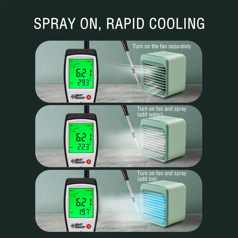 Coolivio Mini AirCooler | Tragbarer 3-in-1 USB-Ventilator mit Luftbefeuchtung & Kühlfunktion | 3 Stufen | 2500 mAh Akku | Für Büro, Reise & Zuhause