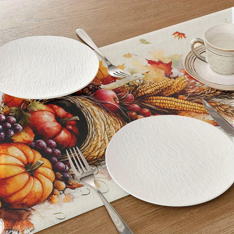 Herbst-Tischläufer HarvestCharm | Aquarell Kürbis & Früchte | Leinenoptik | Waschbar & Farbfest