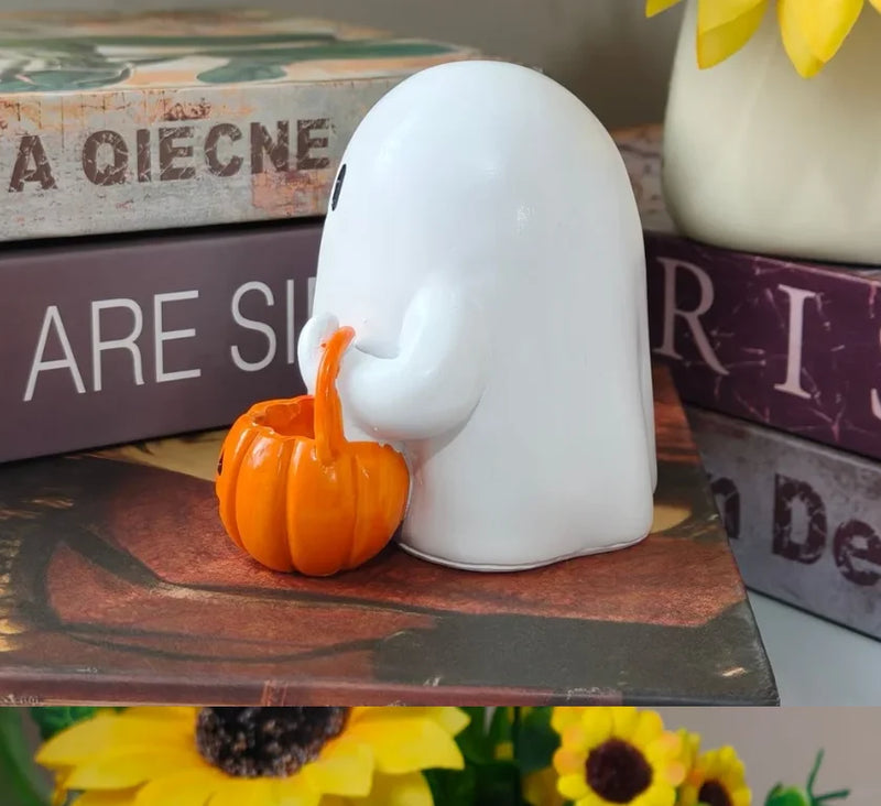PumpkiBoo Dekofigur | Halloween Geist mit Kürbis | Harz Ornament | Für LED-Teelichter geeignet