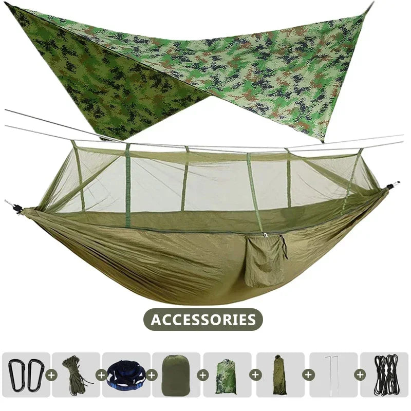 Skyrelax Doppel-Hängematte 260×140 cm mit Moskitonetz & Regendach | Ultraleicht & Tragbar | Für Camping, Wandern & Reisen
